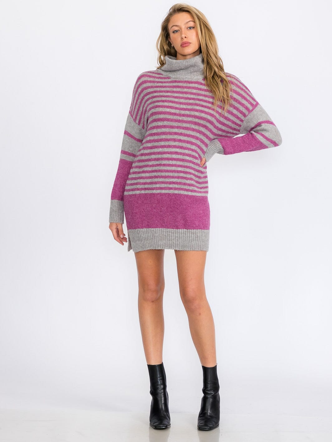WOMEN'S LONG SLEEVE TURTLE NECK STRIPES COLORBLOCK SWEATER MINI DRESS