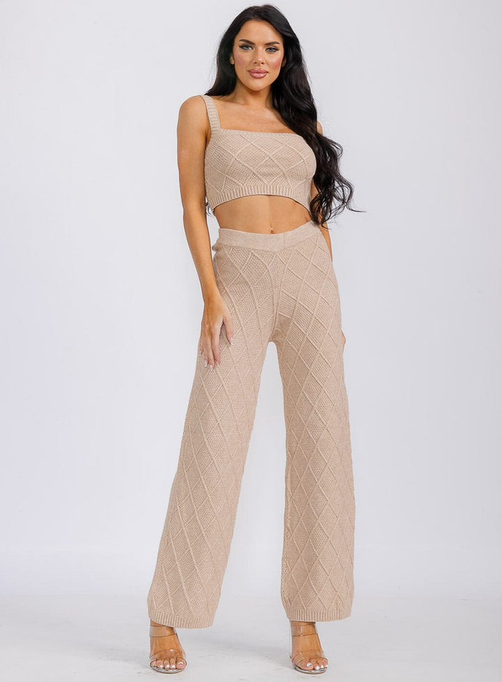 WOMEN'S SLEEVELES CROP TOP & ELASTIC WAIST PANTS WAFFLE 2PC. SET