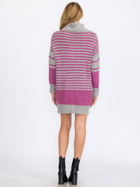 WOMEN'S LONG SLEEVE TURTLE NECK STRIPES COLORBLOCK SWEATER MINI DRESS