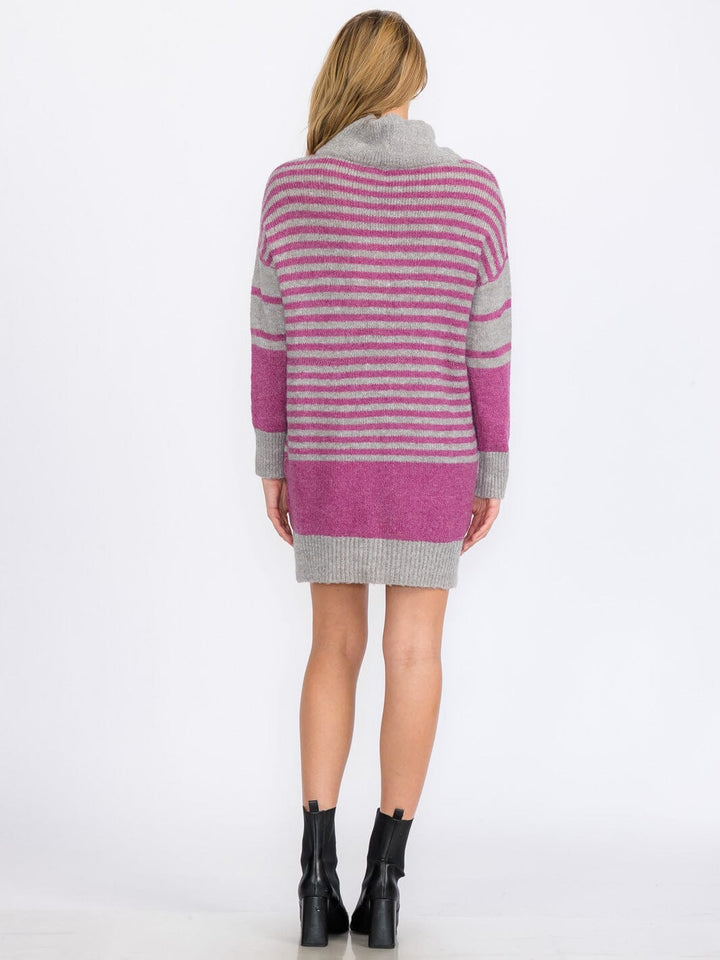WOMEN'S LONG SLEEVE TURTLE NECK STRIPES COLORBLOCK SWEATER MINI DRESS