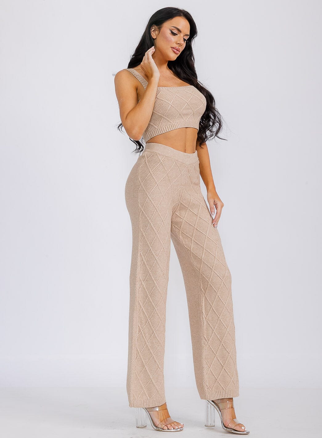 WOMEN'S SLEEVELES CROP TOP & ELASTIC WAIST PANTS WAFFLE 2PC. SET