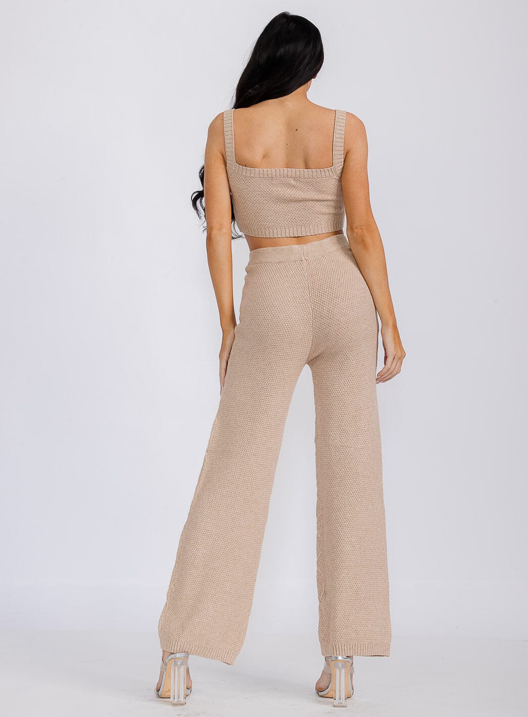 WOMEN'S SLEEVELES CROP TOP & ELASTIC WAIST PANTS WAFFLE 2PC. SET