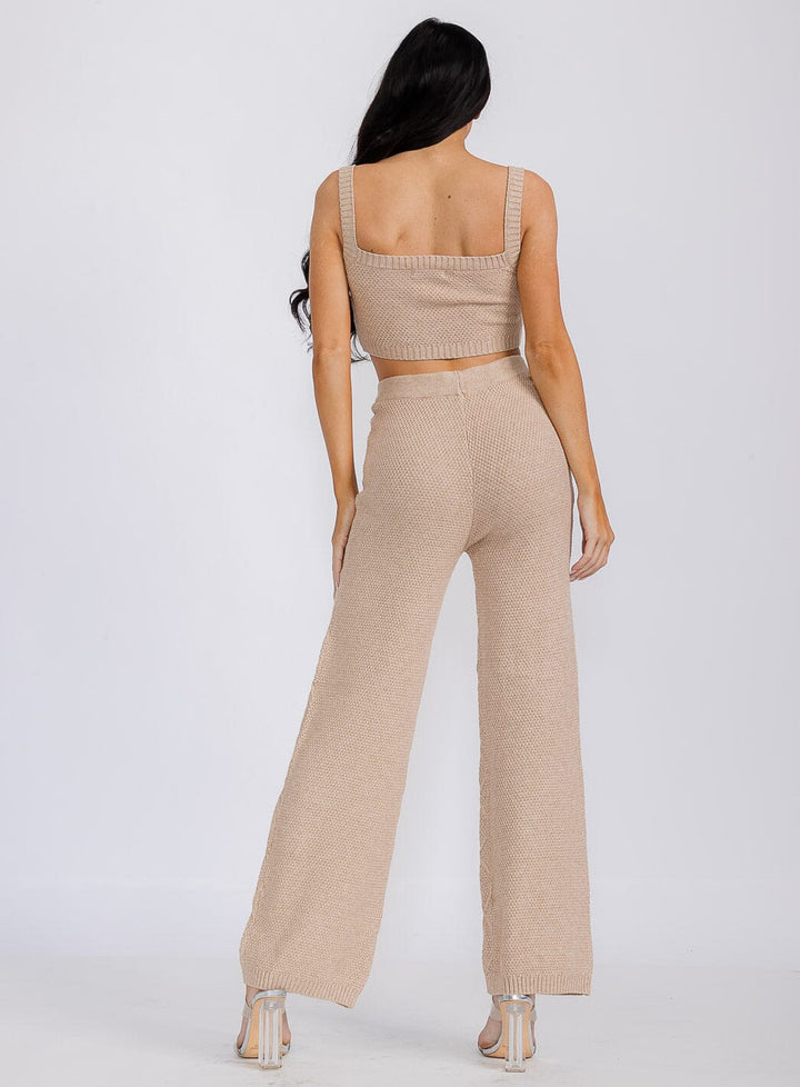WOMEN'S SLEEVELES CROP TOP & ELASTIC WAIST PANTS WAFFLE 2PC. SET