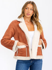WOMEN'S LONG SLEEVE OPEN FRONT POCKETS COLORBLOCK SHERPA JACKET