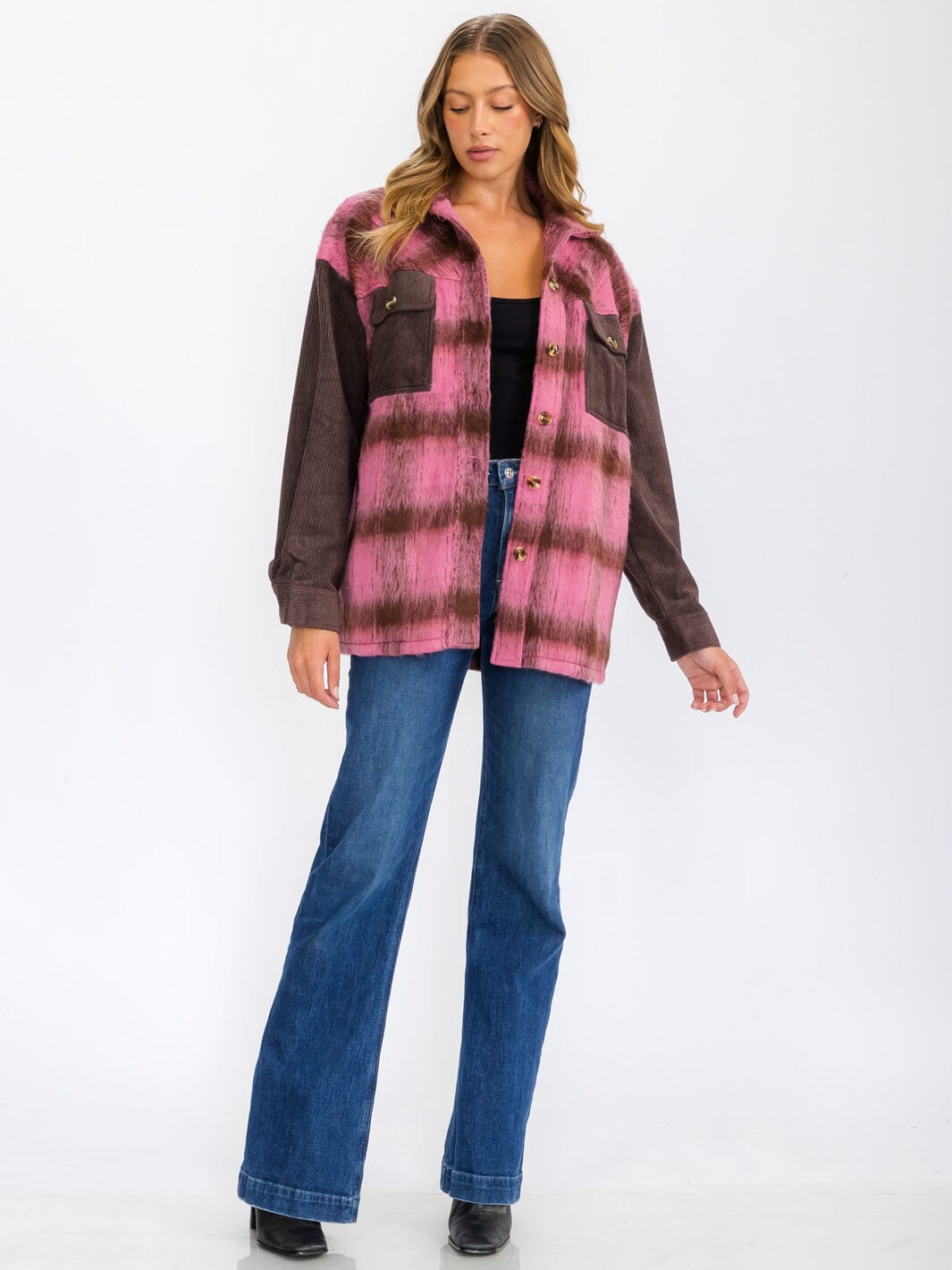 WOMEN'S LONG SLEEVE BUTTON CLOSURE COLORBLOCK CORDUROY JACKET