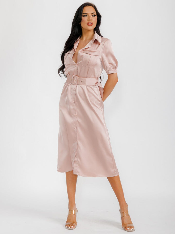 WOMEN'S SHORT SLEEVE BUTTON UP BELTED SATIN MIDI DRESS