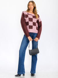 WOMEN'S LONG SLEEVE CHEKERS COLORBLOCK DETAILED PULLOVER SWEATER