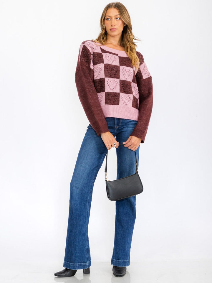WOMEN'S LONG SLEEVE CHEKERS COLORBLOCK DETAILED PULLOVER SWEATER