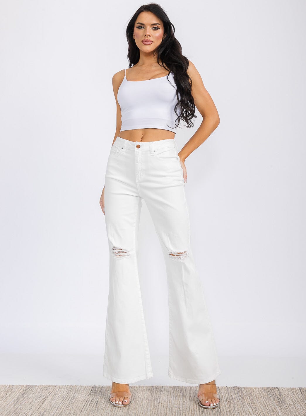 WOMEN'S BUTTON CLOSURE DISTRESS BELL LEG DENIM PANTS
