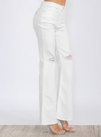 WOMEN'S BUTTON CLOSURE DISTRESS BELL LEG DENIM PANTS