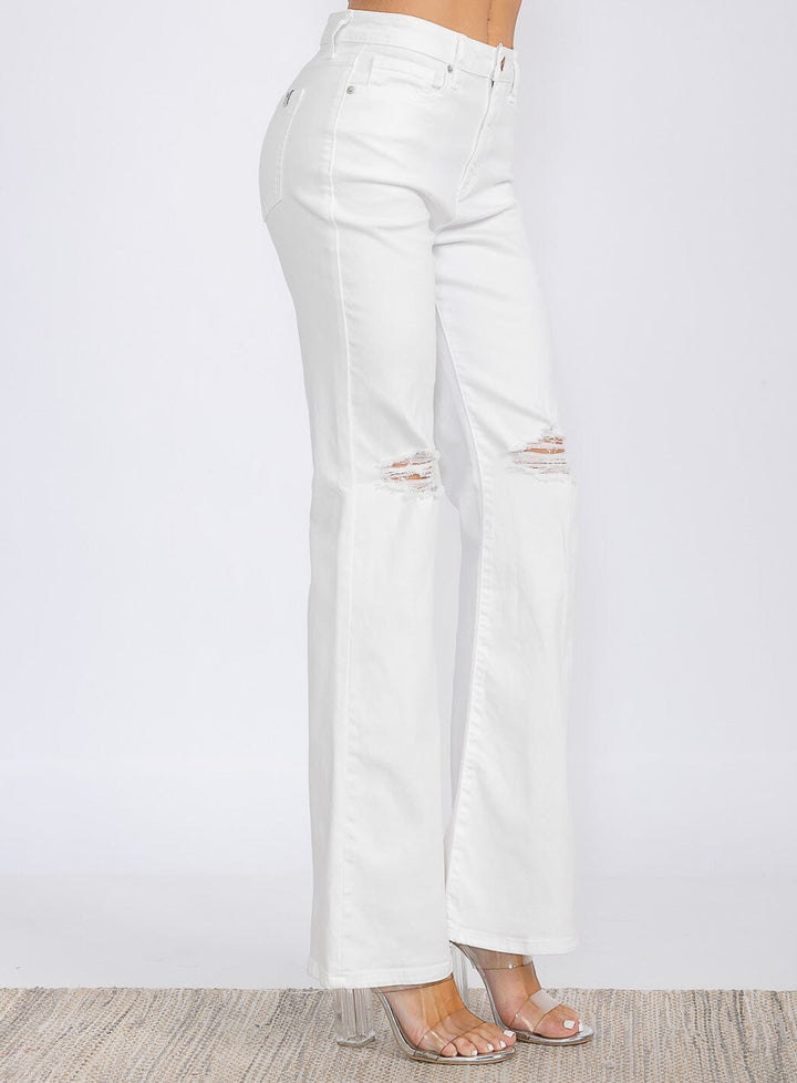WOMEN'S BUTTON CLOSURE DISTRESS BELL LEG DENIM PANTS