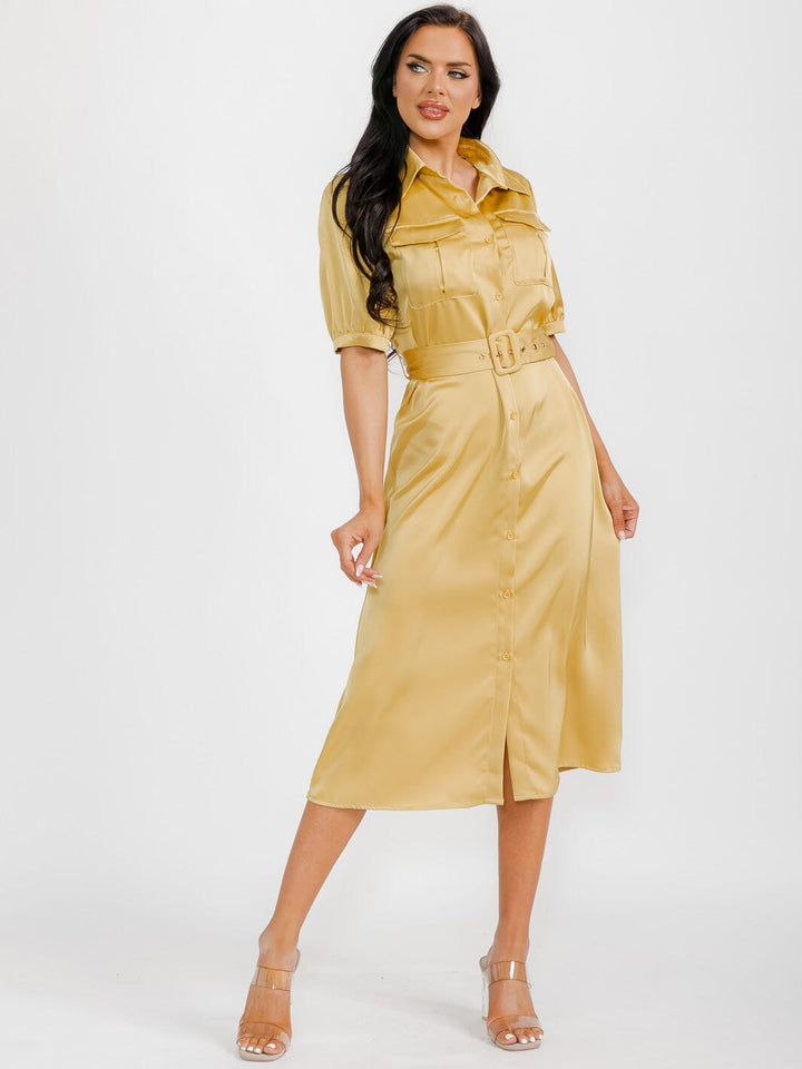 WOMEN'S SHORT SLEEVE BUTTON UP BELTED SATIN MIDI DRESS