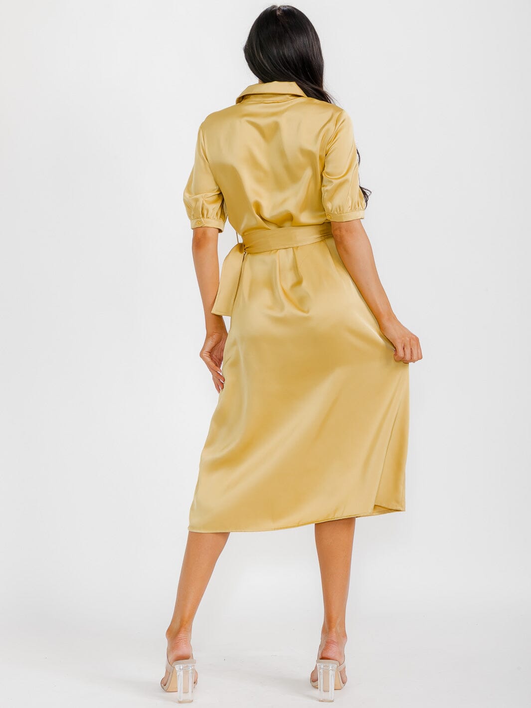 WOMEN'S SHORT SLEEVE BUTTON UP BELTED SATIN MIDI DRESS