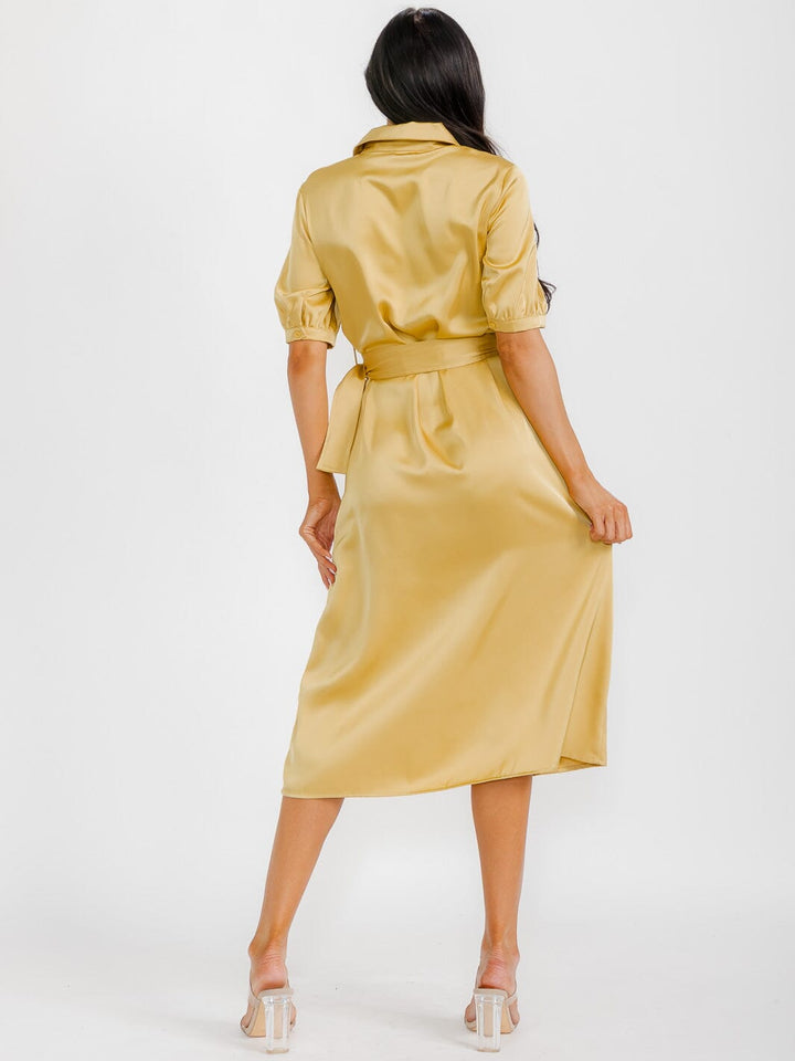 WOMEN'S SHORT SLEEVE BUTTON UP BELTED SATIN MIDI DRESS