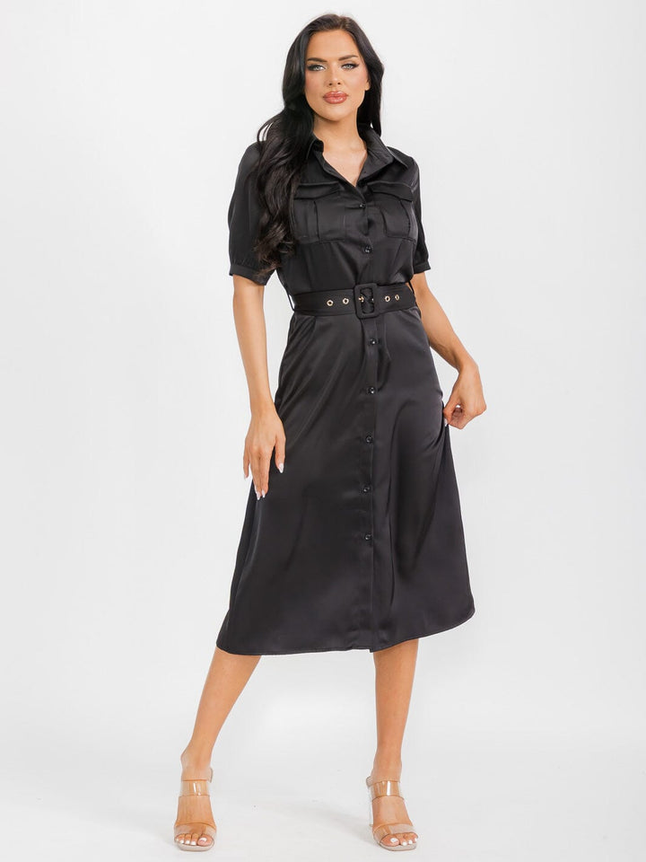 WOMEN'S SHORT SLEEVE BUTTON UP BELTED SATIN MIDI DRESS