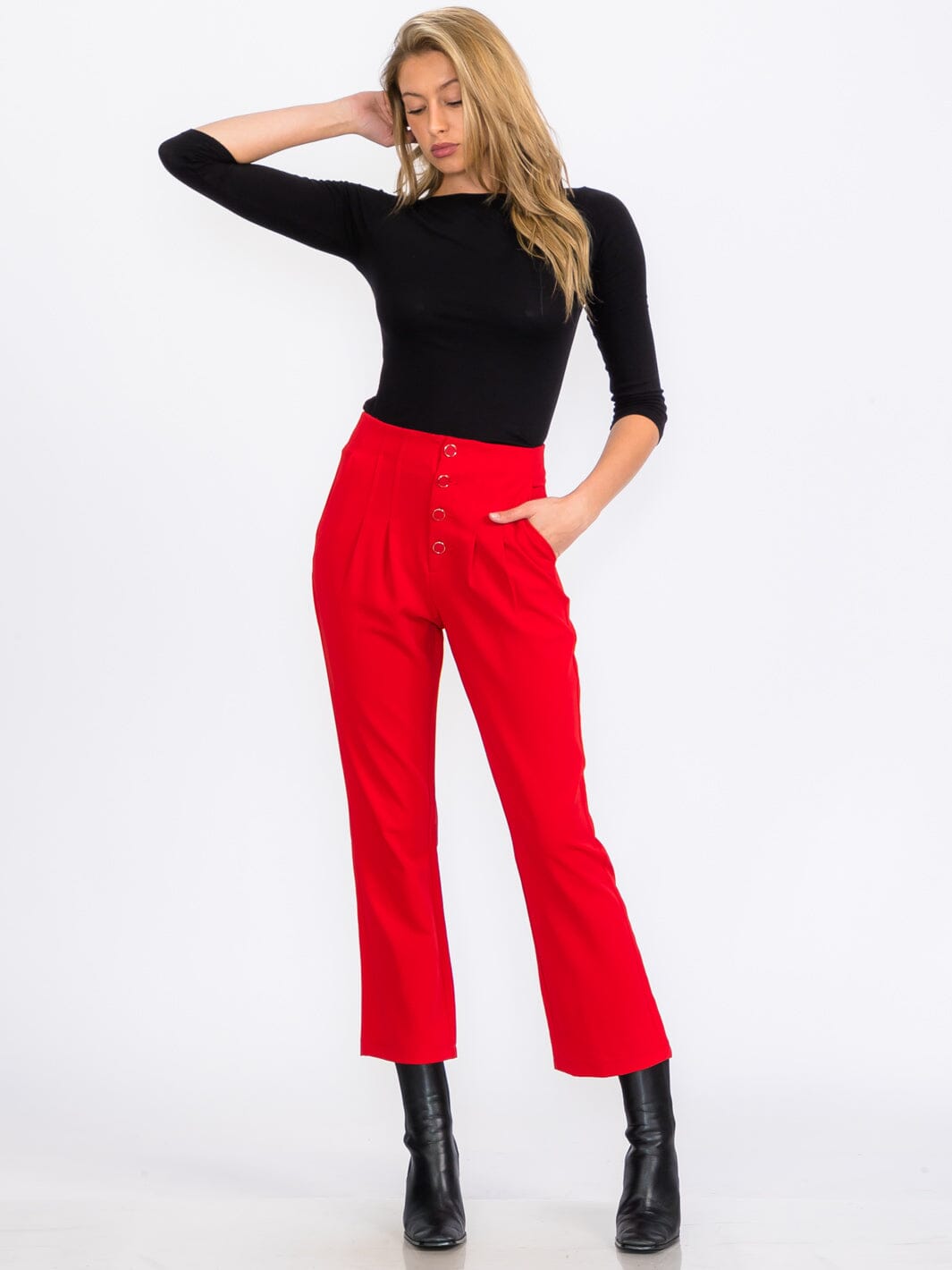 WOMEN'S BUTTON UP FRONT POCKETS WIDE LEG PANTS
