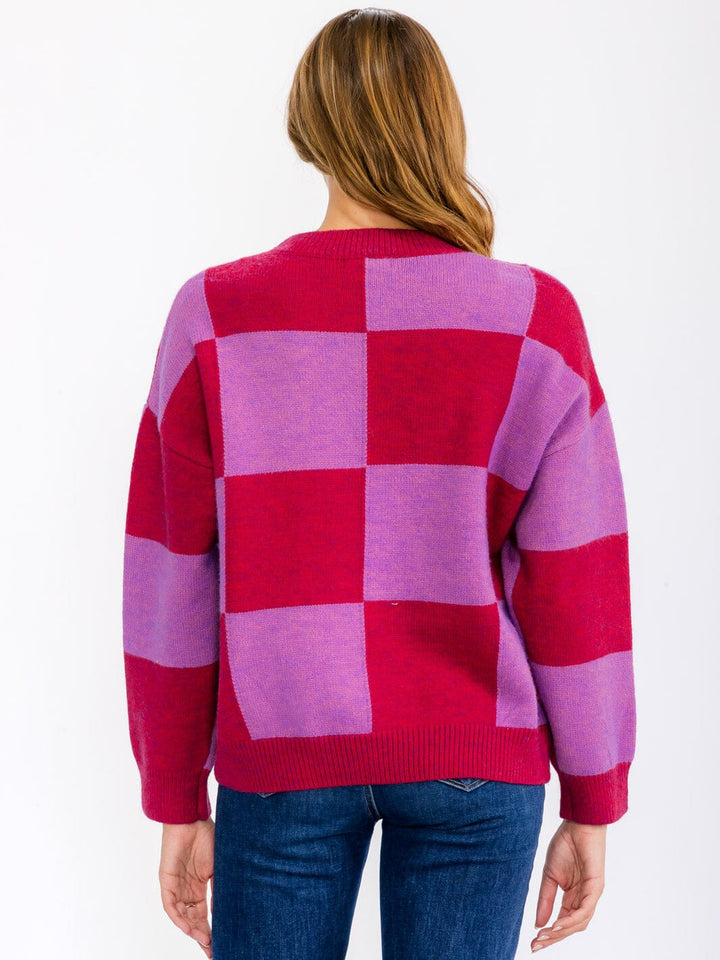 WOMEN'S LONG SLEEVE FLOWER DETAILED COLORBLOCK CHECKERS PULLOVER SWEATER
