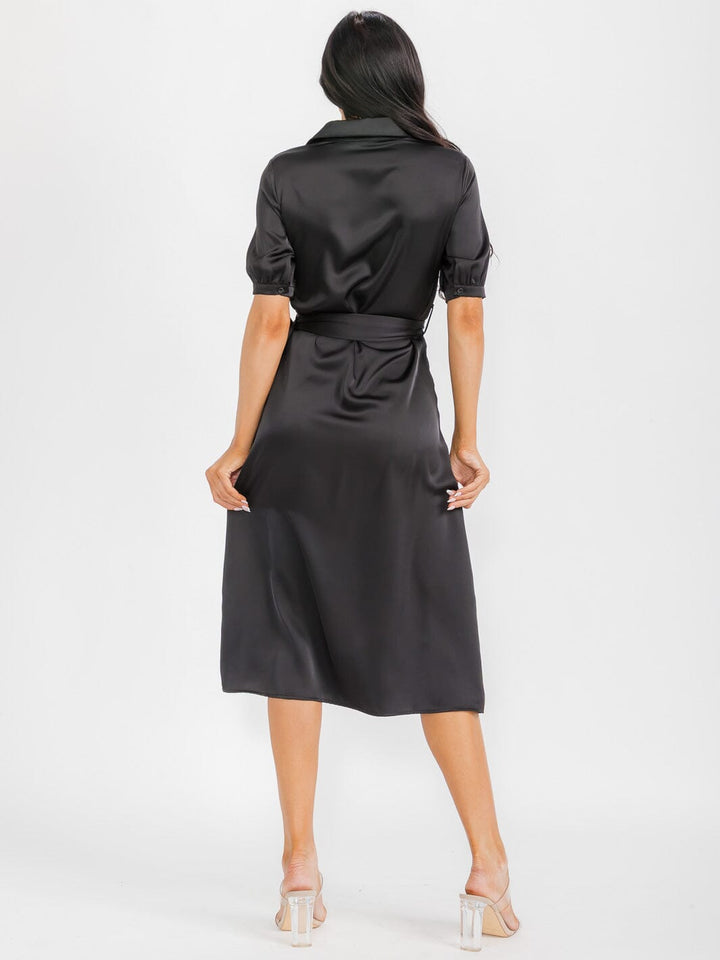 WOMEN'S SHORT SLEEVE BUTTON UP BELTED SATIN MIDI DRESS