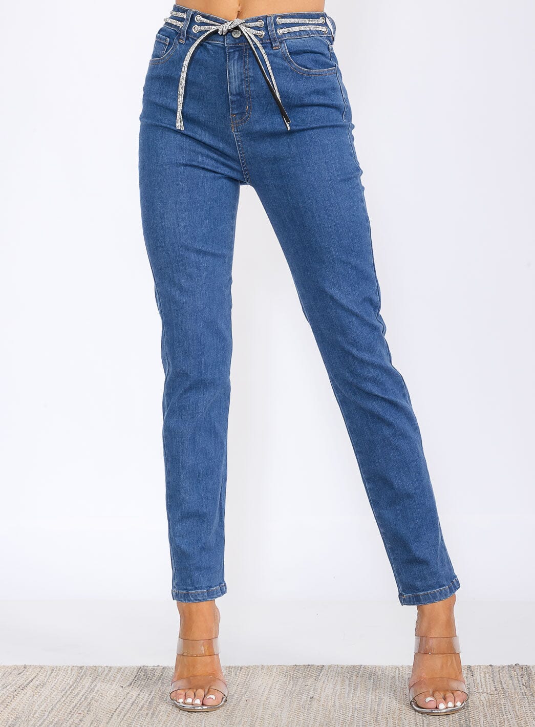 WOMEN'S BUTTON CLOSURE POCKETS SELF TIE STRAIGHT LEG DENIM PANTS