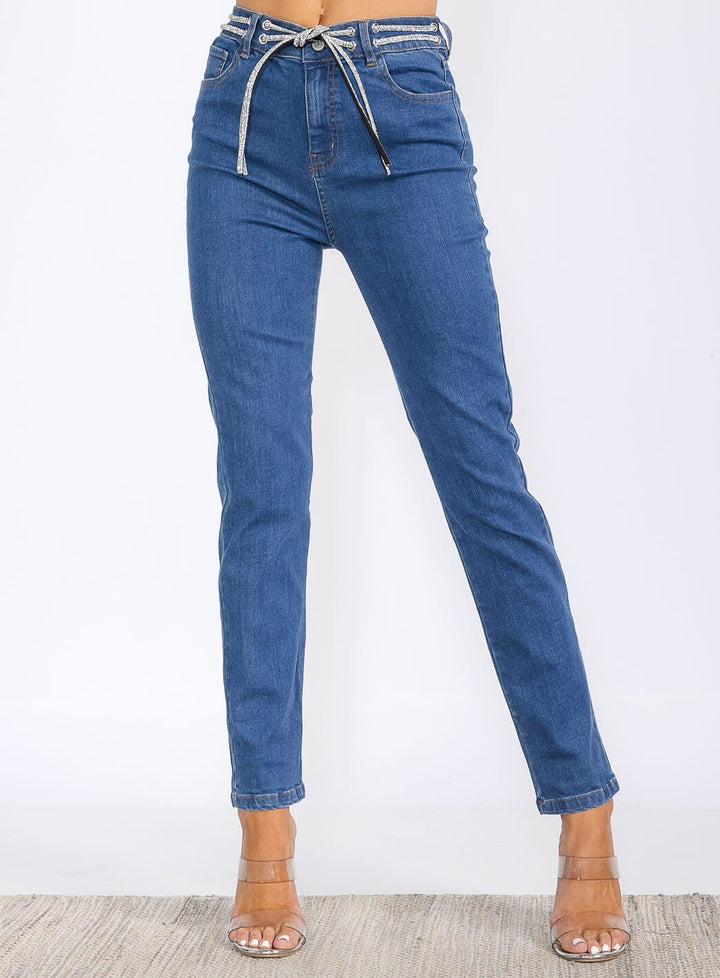 WOMEN'S BUTTON CLOSURE POCKETS SELF TIE STRAIGHT LEG DENIM PANTS