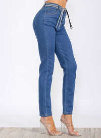 WOMEN'S BUTTON CLOSURE POCKETS SELF TIE STRAIGHT LEG DENIM PANTS