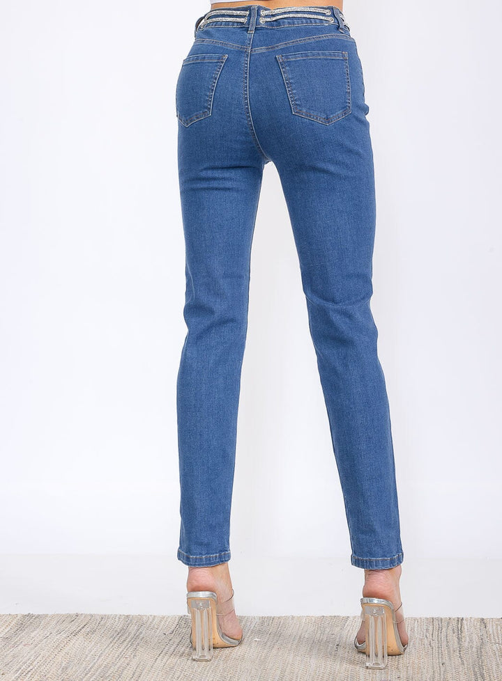 WOMEN'S BUTTON CLOSURE POCKETS SELF TIE STRAIGHT LEG DENIM PANTS
