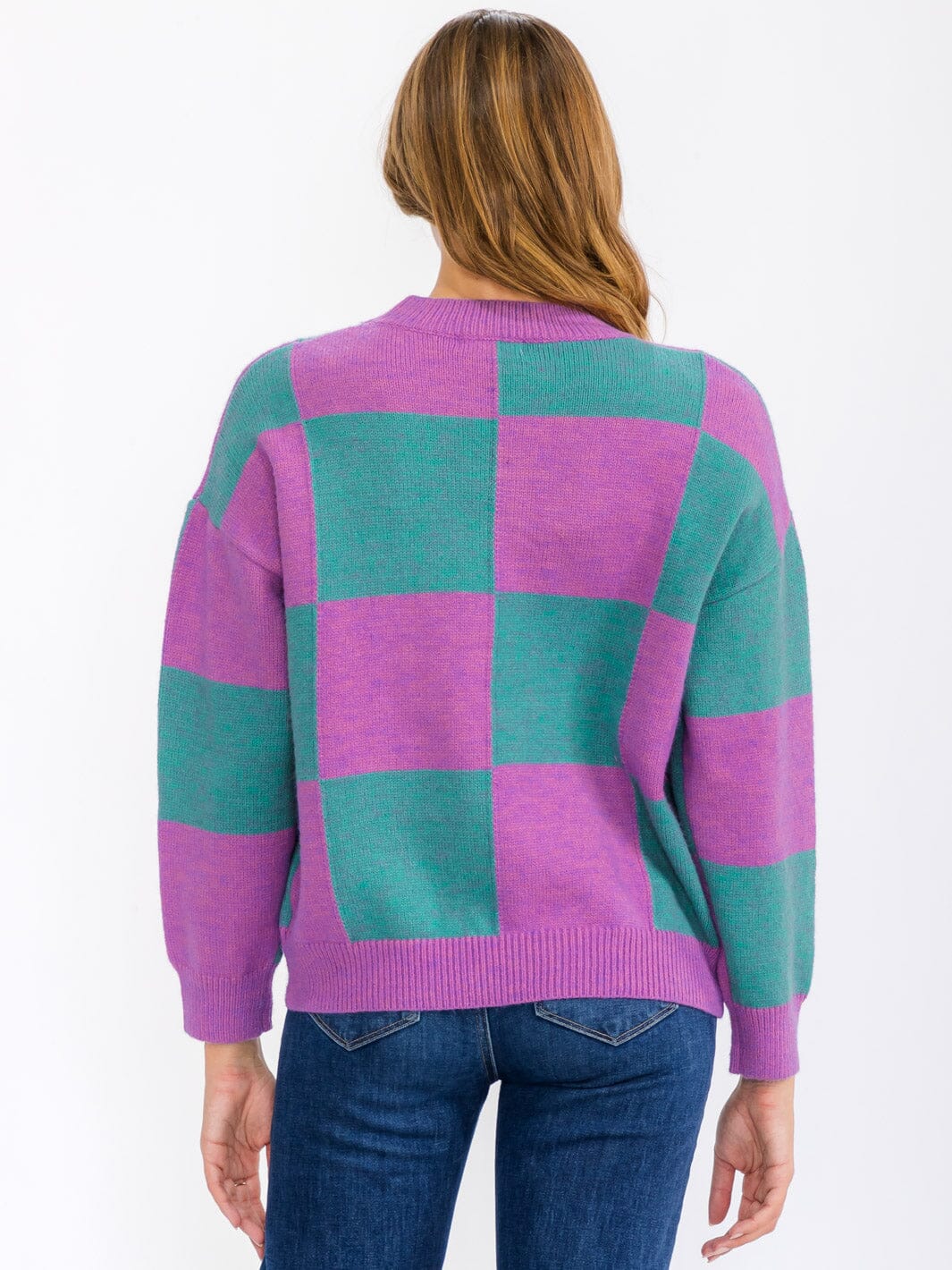 WOMEN'S LONG SLEEVE FLOWER DETAILED COLORBLOCK CHECKERS PULLOVER SWEATER