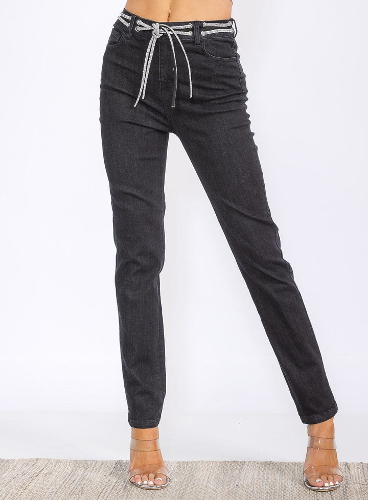 WOMEN'S BUTTON CLOSURE POCKETS SELF TIE STRAIGHT LEG DENIM PANTS