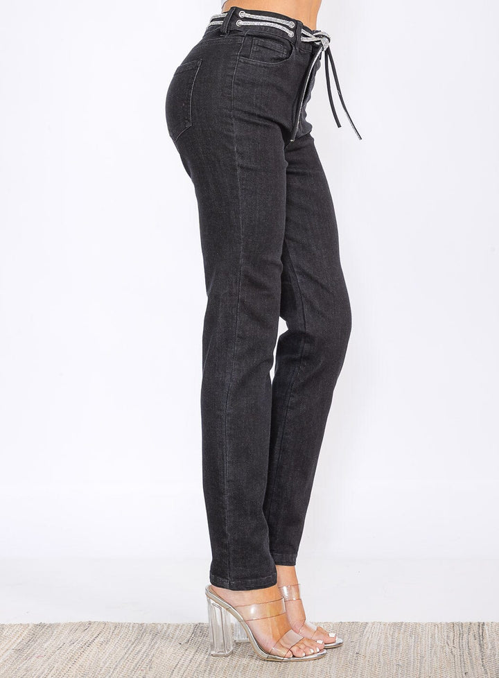 WOMEN'S BUTTON CLOSURE POCKETS SELF TIE STRAIGHT LEG DENIM PANTS