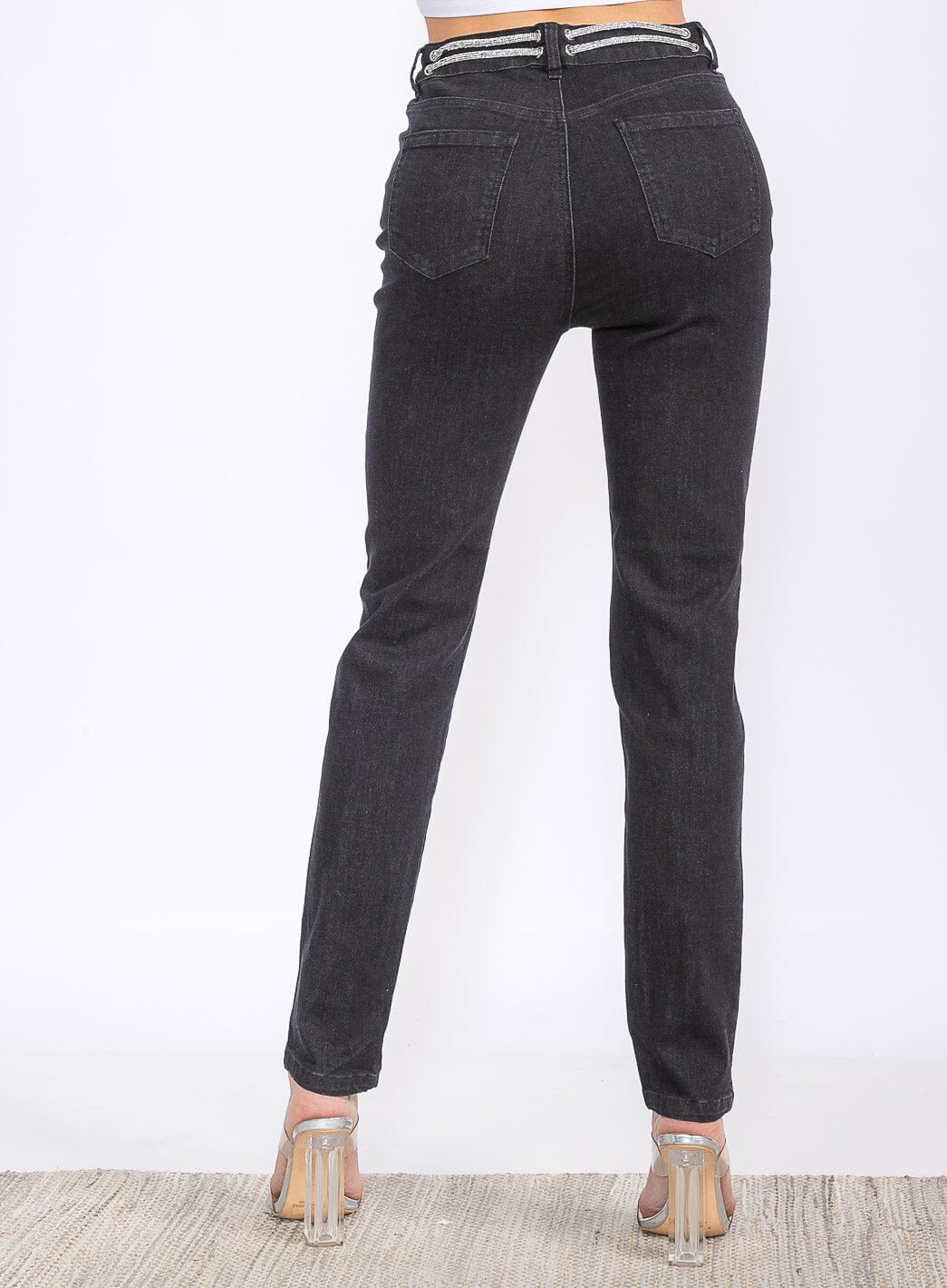 WOMEN'S BUTTON CLOSURE POCKETS SELF TIE STRAIGHT LEG DENIM PANTS