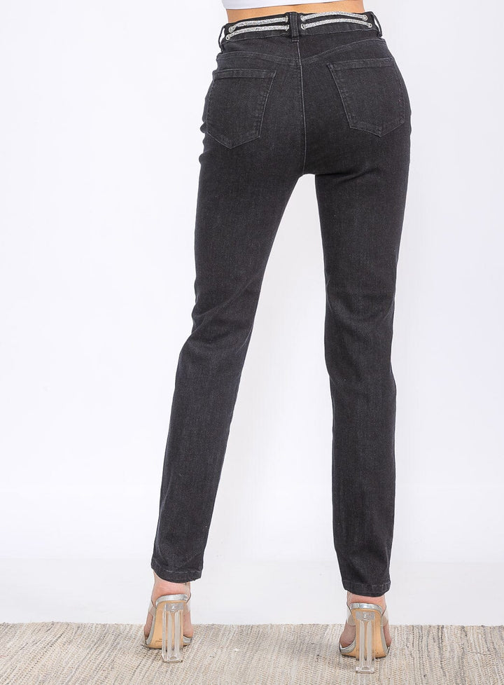 WOMEN'S BUTTON CLOSURE POCKETS SELF TIE STRAIGHT LEG DENIM PANTS
