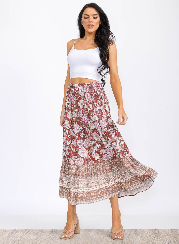 WOMEN'S ELASTIC WAIST RUFFLE BOTTOM HEM FLORAL MAXI SKIRT