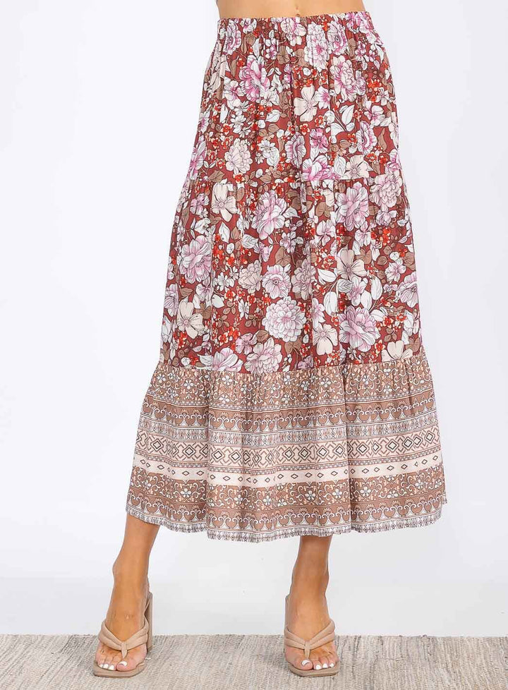 WOMEN'S ELASTIC WAIST RUFFLE BOTTOM HEM FLORAL MAXI SKIRT