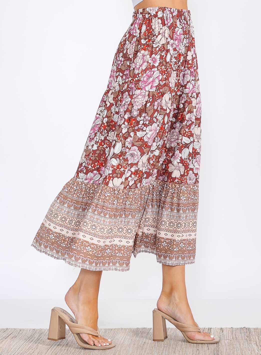 WOMEN'S ELASTIC WAIST RUFFLE BOTTOM HEM FLORAL MAXI SKIRT