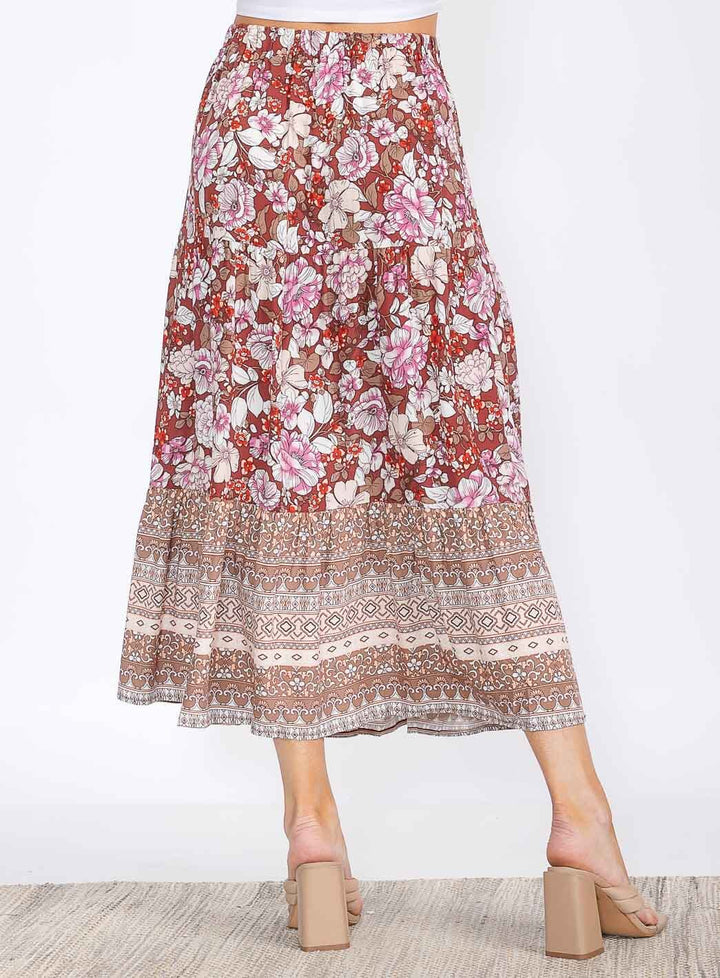 WOMEN'S ELASTIC WAIST RUFFLE BOTTOM HEM FLORAL MAXI SKIRT