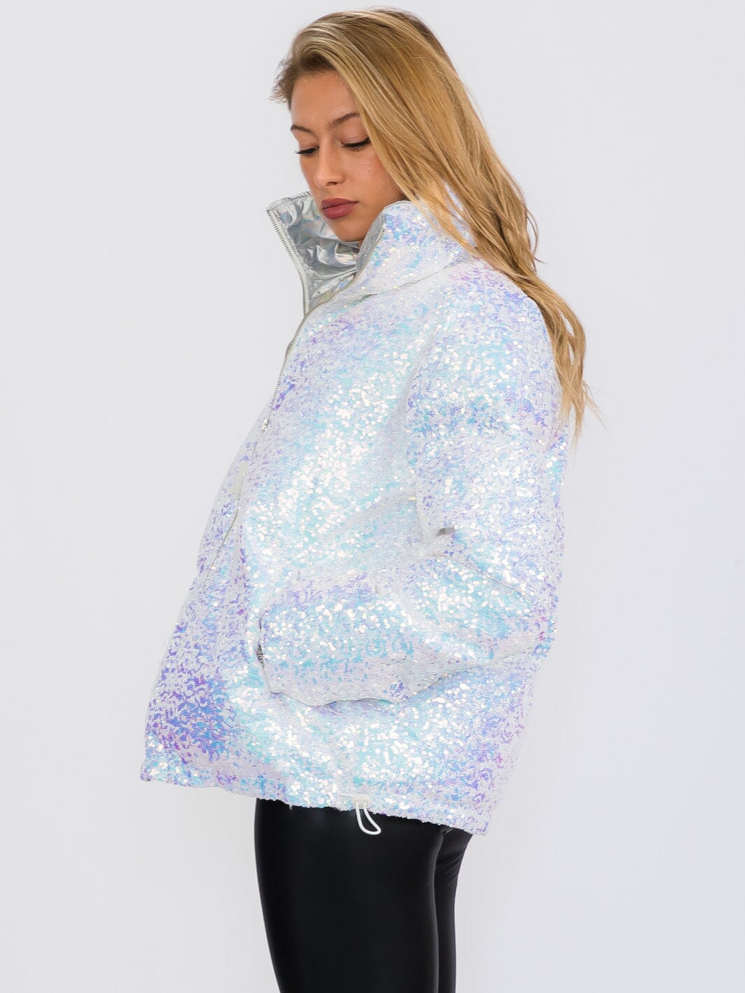 WOMEN'S LONG SLEEVES ZIP UP FRONT POCKETS PUFFER SEQUINS JACKET