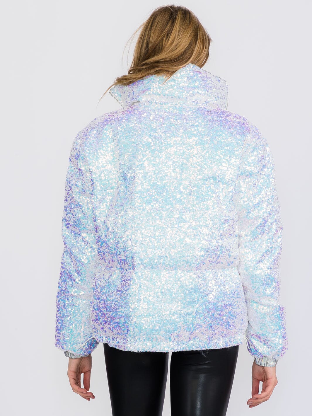 WOMEN'S LONG SLEEVES ZIP UP FRONT POCKETS PUFFER SEQUINS JACKET