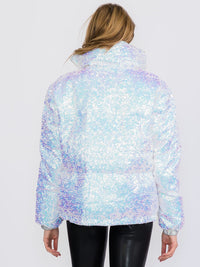 WOMEN'S LONG SLEEVES ZIP UP FRONT POCKETS PUFFER SEQUINS JACKET