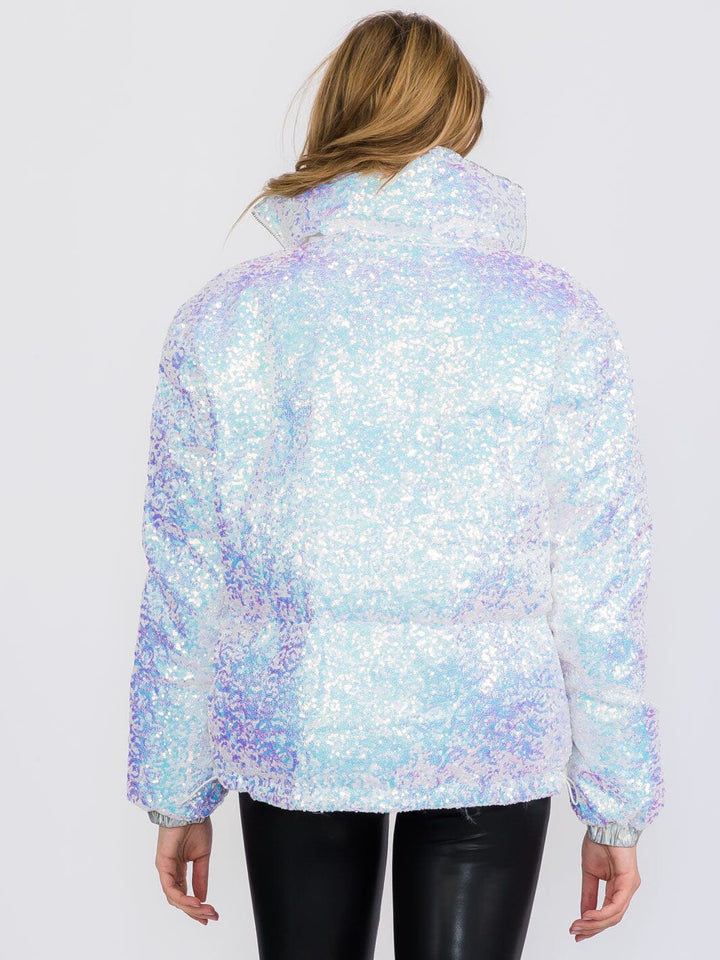 WOMEN'S LONG SLEEVES ZIP UP FRONT POCKETS PUFFER SEQUINS JACKET