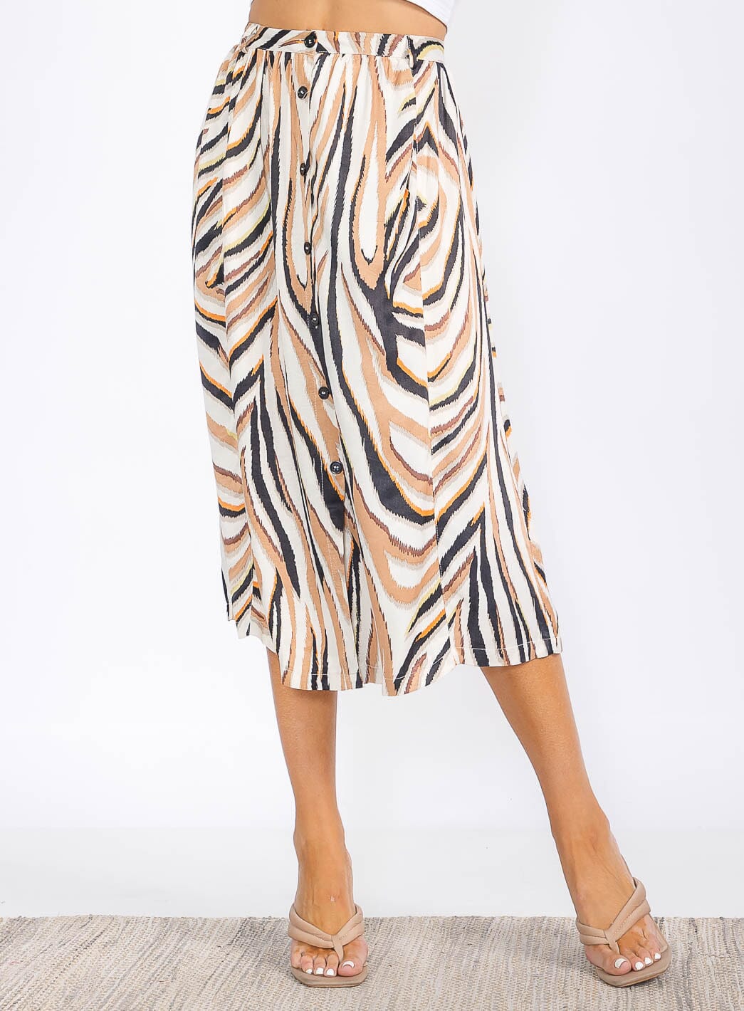 WOMEN'S BUTTON UP MULTI PRINT MIDI SKIRT
