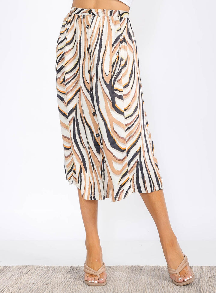 WOMEN'S BUTTON UP MULTI PRINT MIDI SKIRT