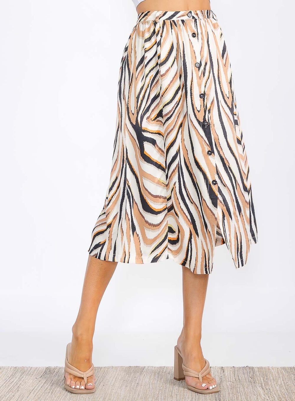 WOMEN'S BUTTON UP MULTI PRINT MIDI SKIRT