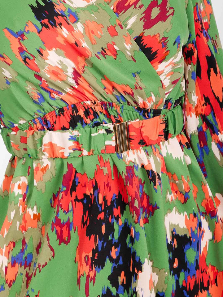 WOMEN'S LONG SLEEVE SURPLICE BELTED MULTI PRINT MINI DRESS