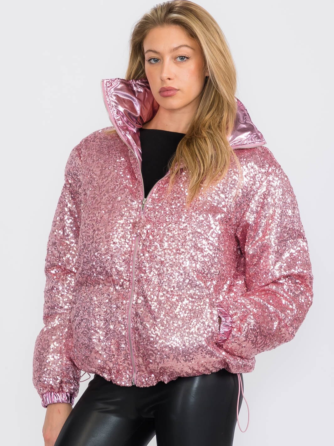 WOMEN'S LONG SLEEVES ZIP UP FRONT POCKETS PUFFER SEQUINS JACKET