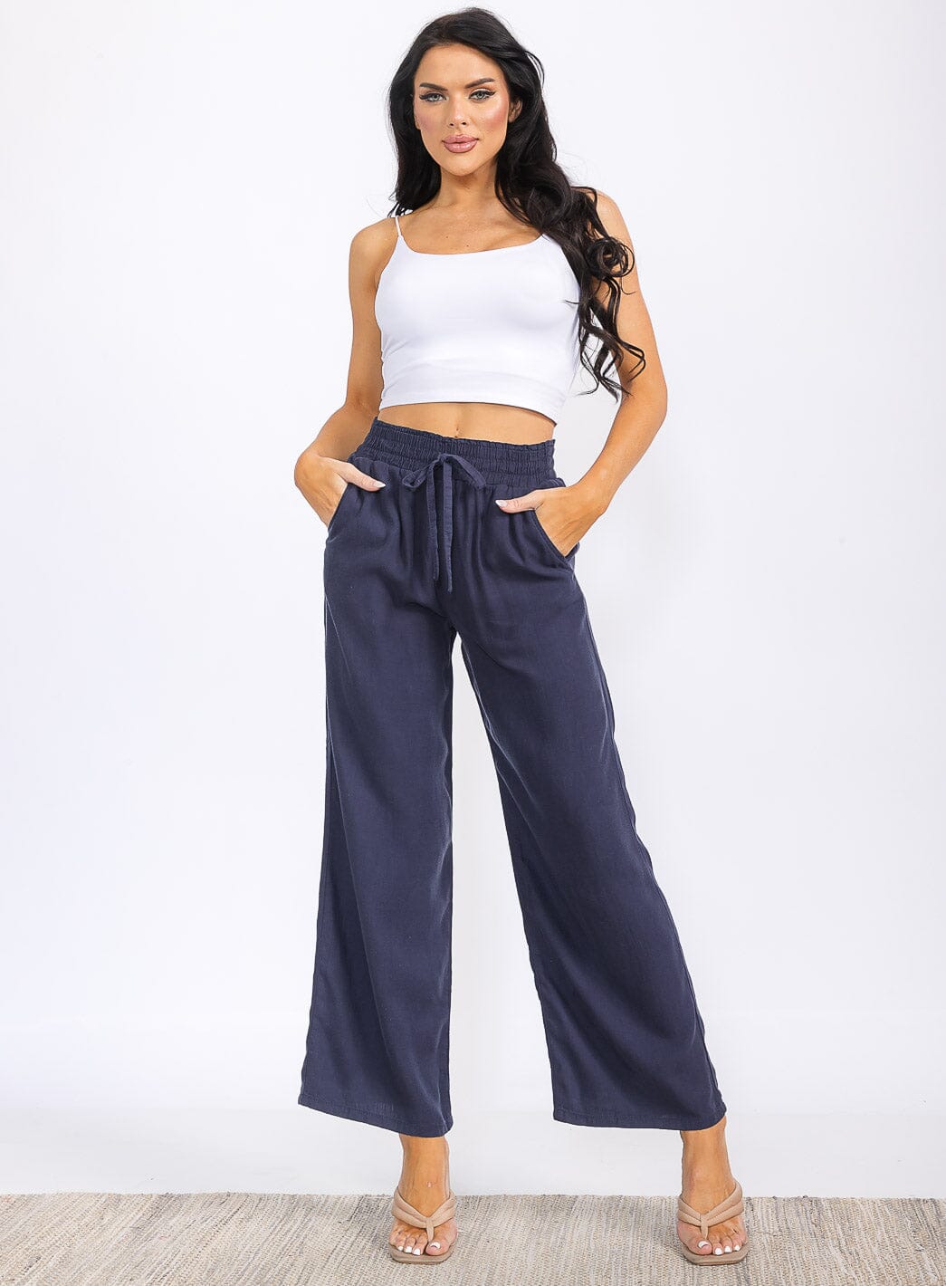 WOMEN'S ELASTIC WAIST FRONT POCKETS WIDE LEG PANTS