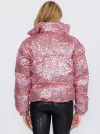 WOMEN'S LONG SLEEVES ZIP UP FRONT POCKETS PUFFER SEQUINS JACKET