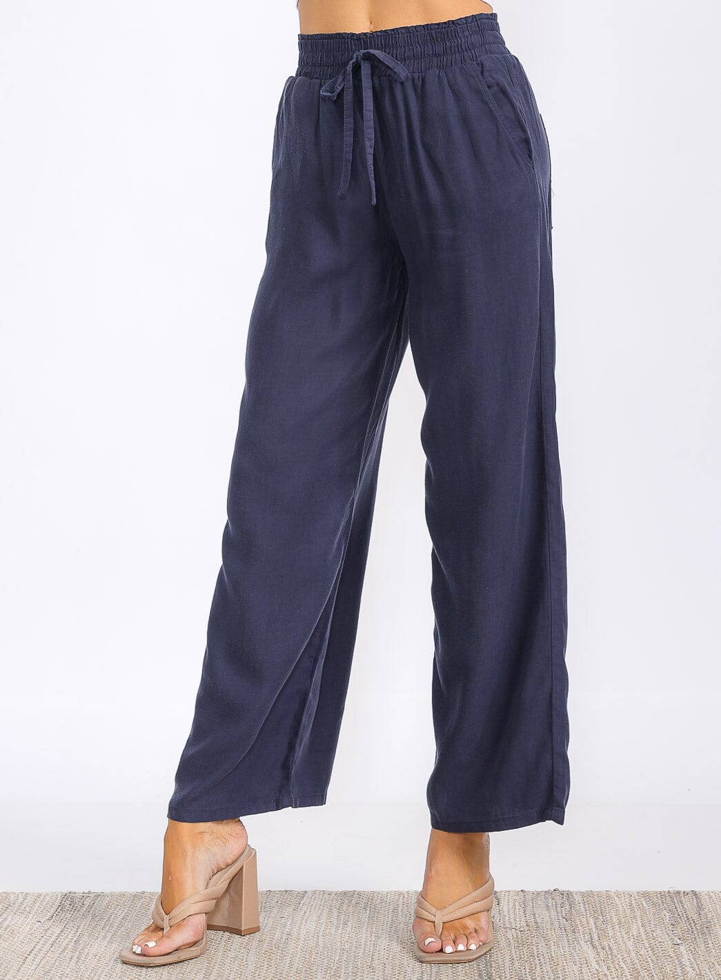 WOMEN'S ELASTIC WAIST FRONT POCKETS WIDE LEG PANTS