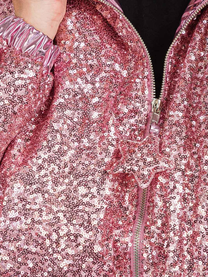 WOMEN'S LONG SLEEVES ZIP UP FRONT POCKETS PUFFER SEQUINS JACKET