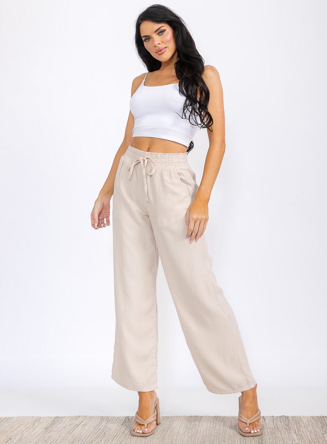 WOMEN'S ELASTIC WAIST FRONT POCKETS WIDE LEG PANTS