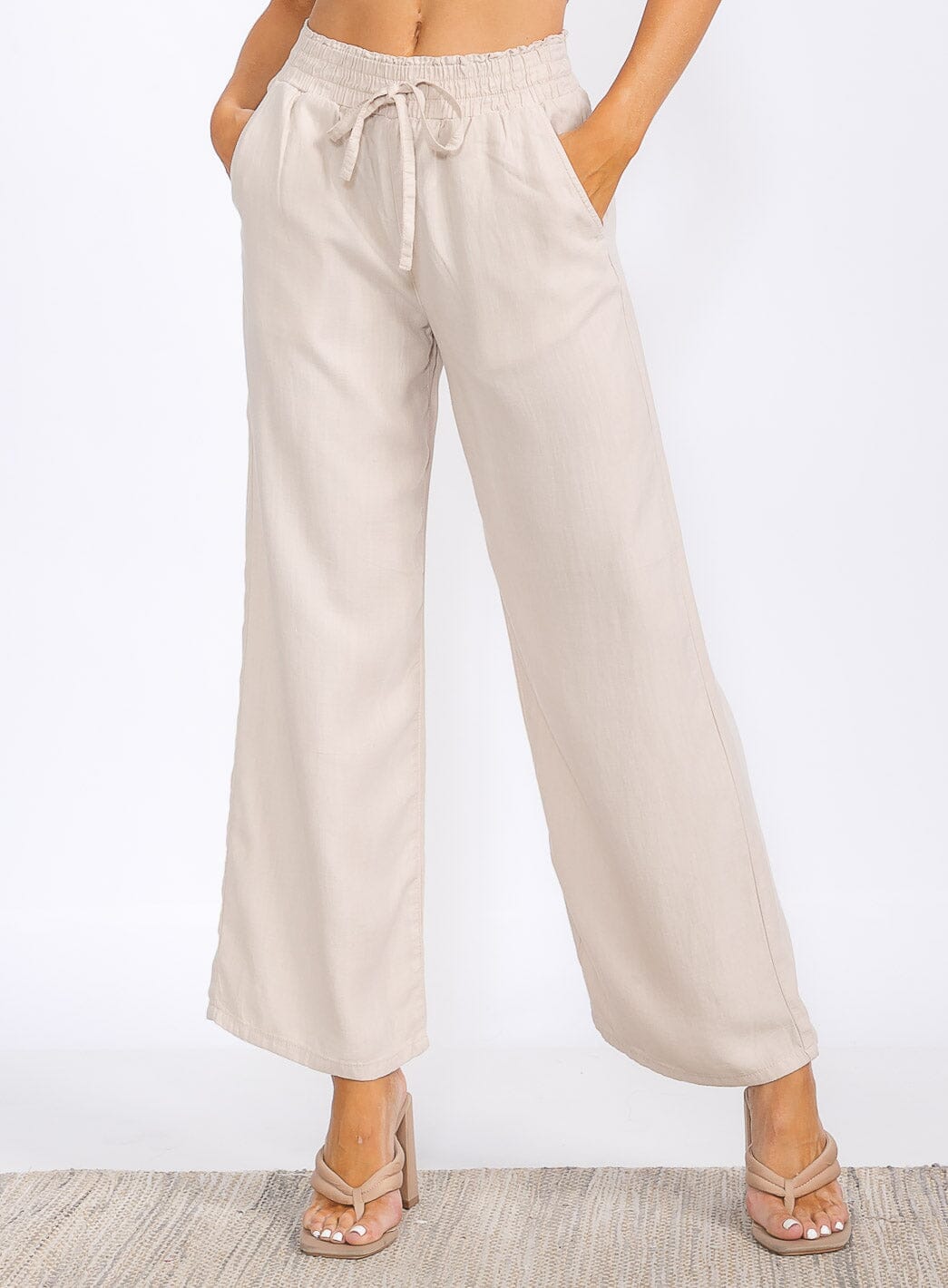WOMEN'S ELASTIC WAIST FRONT POCKETS WIDE LEG PANTS